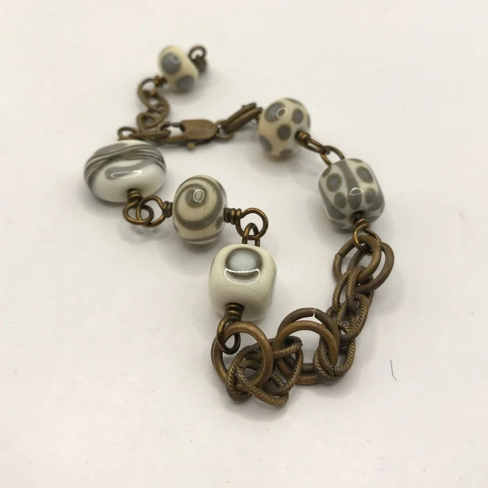 Unique Glass Beaded and Brass/Copper Chain Bracelet - Picture 5 of 6